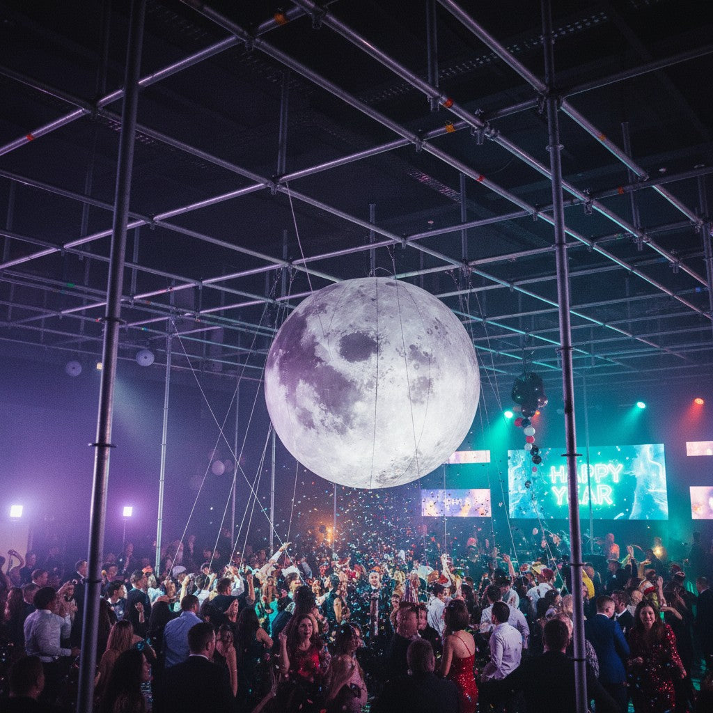 Trippy Creations giant LED inflatable moon decoration, realistic surface detail, perfect for parties and events.