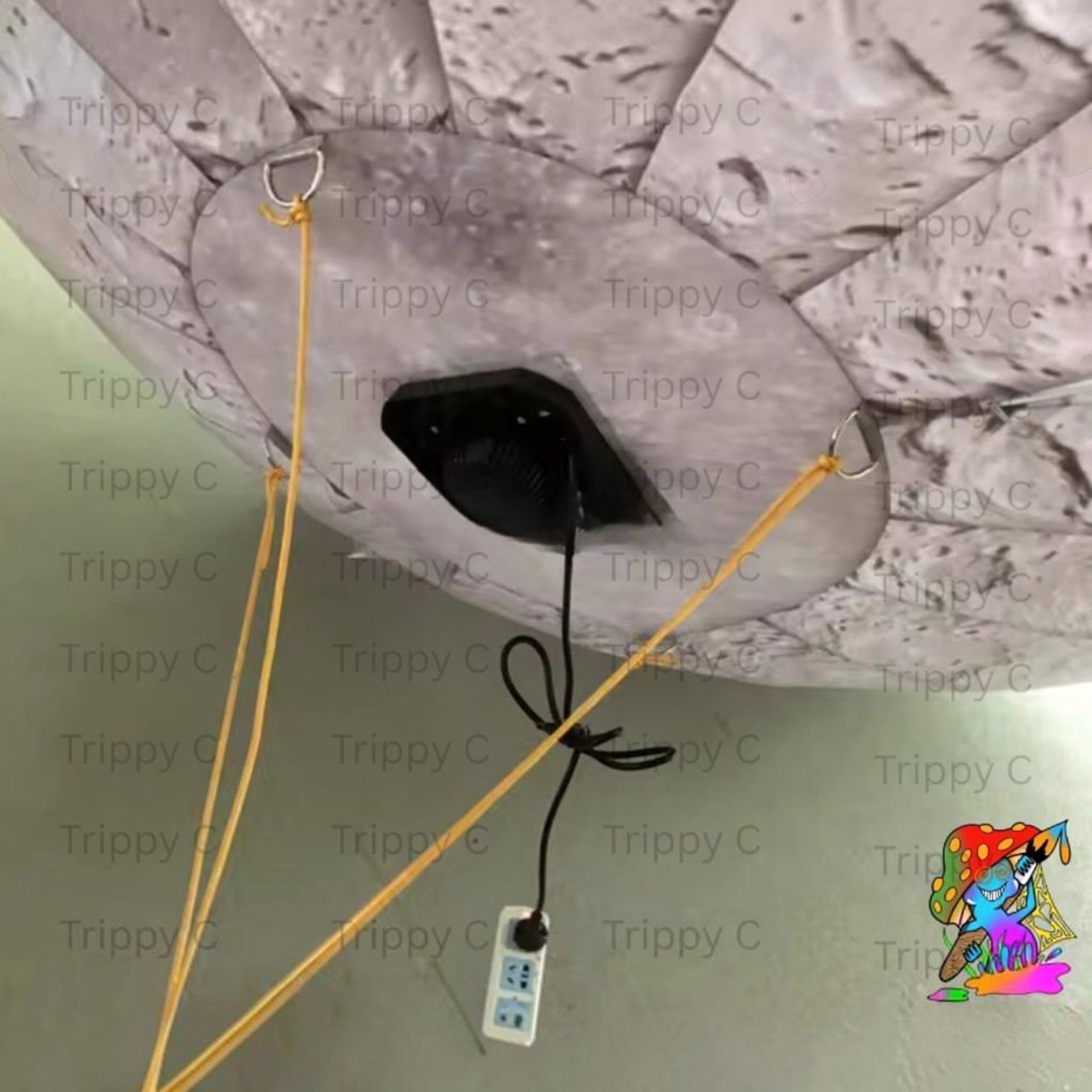 Trippy Creations giant inflatable moon decoration, grey with crater details, features hanging loops and LED light.