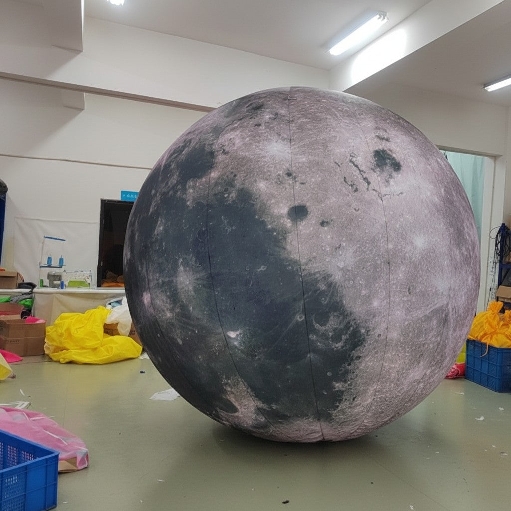 Trippy Creations giant inflatable moon decoration with realistic craters and surface details, illuminated from within.