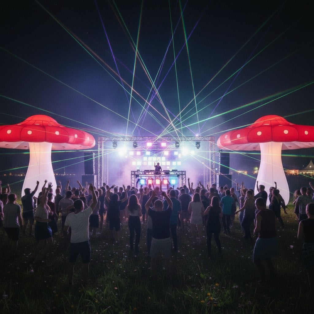 Trippy Creations giant red and white inflatable mushroom party decoration with LED lights at an outdoor night event.