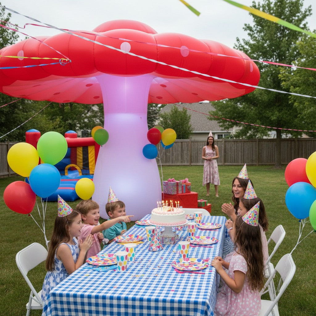 Trippy Creations giant red and white inflatable mushroom party decoration with LED lights.