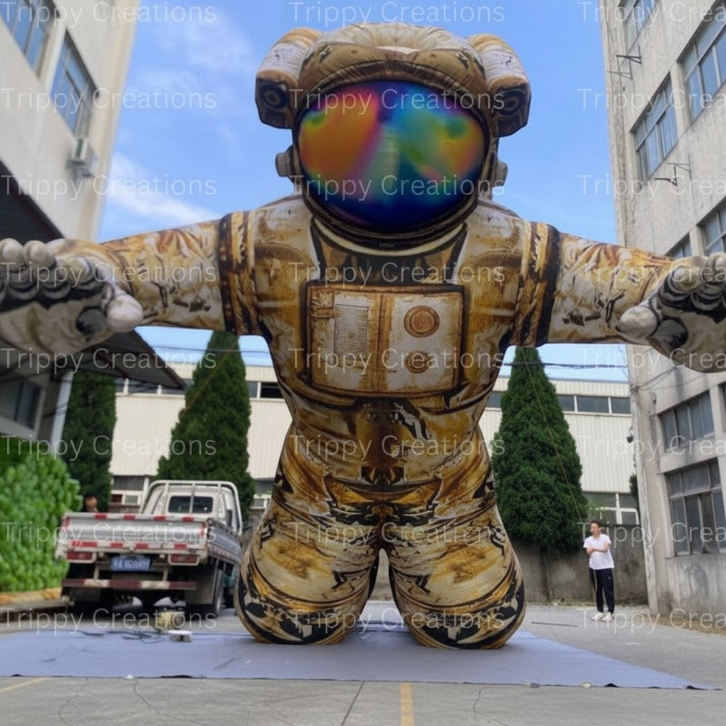 Trippy Creations giant inflatable astronaut with rainbow visor and "Badass Tronuts" logo on chest.