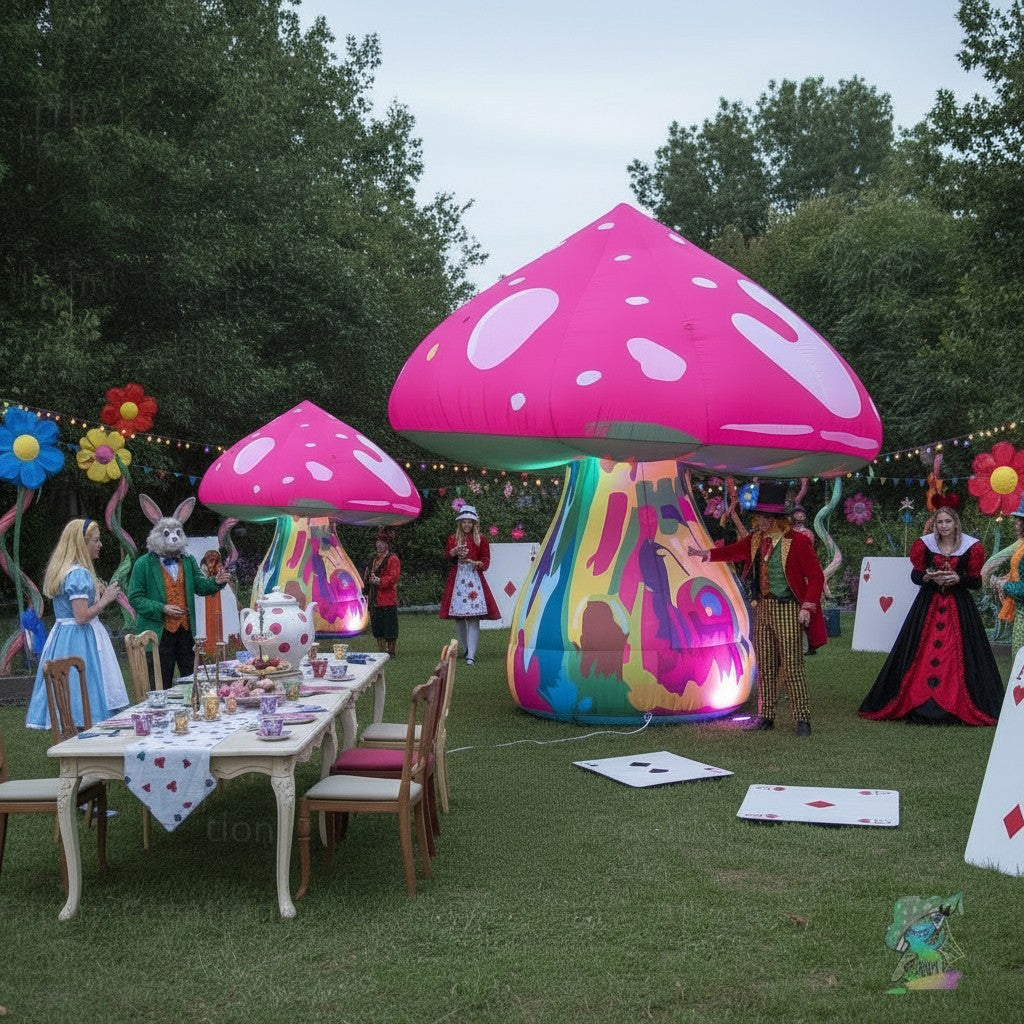 Trippy Creations giant pink fairy mushroom inflatable with white spots, a colorful psychedelic stem, and internal lighting. Set up for an Alice in Wonderland themed party.