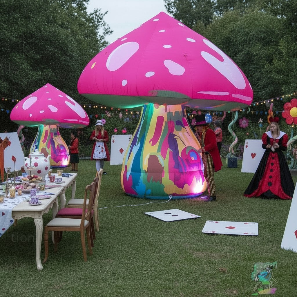 Trippy Creations giant pink inflatable mushroom with white spots, illuminated psychedelic stem, at an Alice in Wonderland themed party.