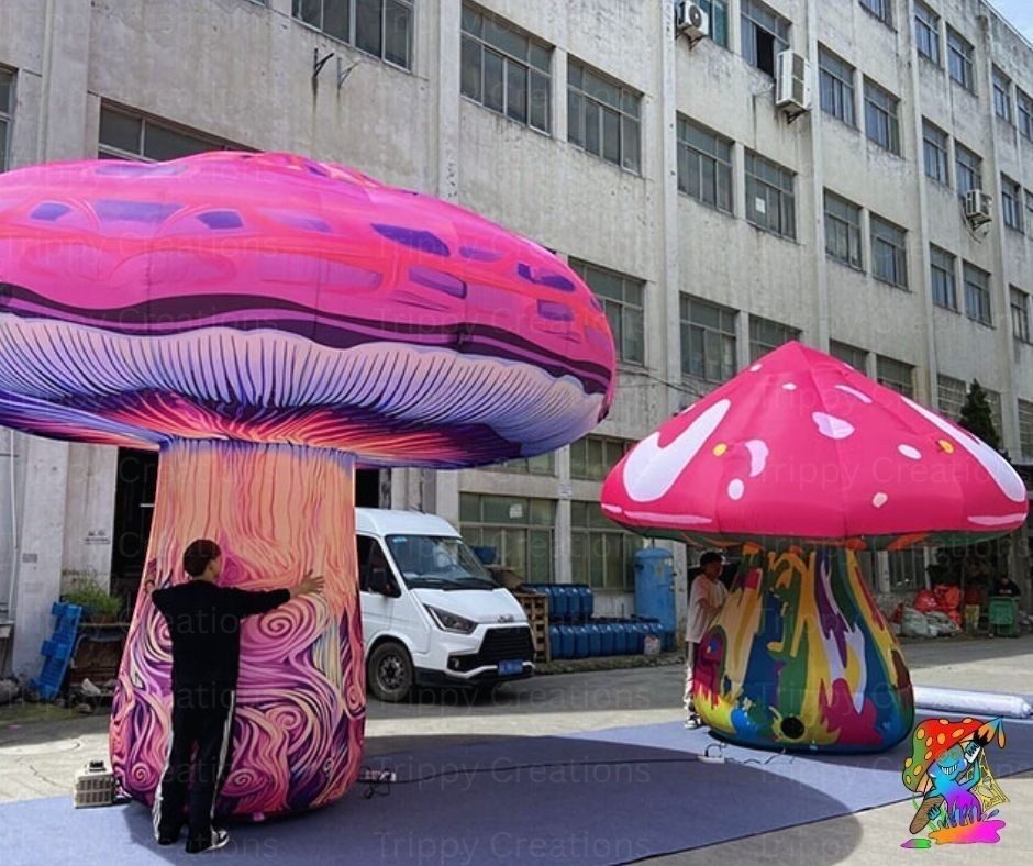 Trippy Creations giant pink fairy mushroom inflatable decoration, 3.5m tall, made of Oxford fabric, ideal for parties and events.