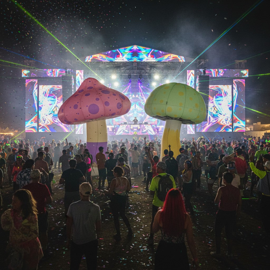 Trippy Creations inflatable mushrooms in pink with purple spots and green with yellow spots, perfect for whimsical events.