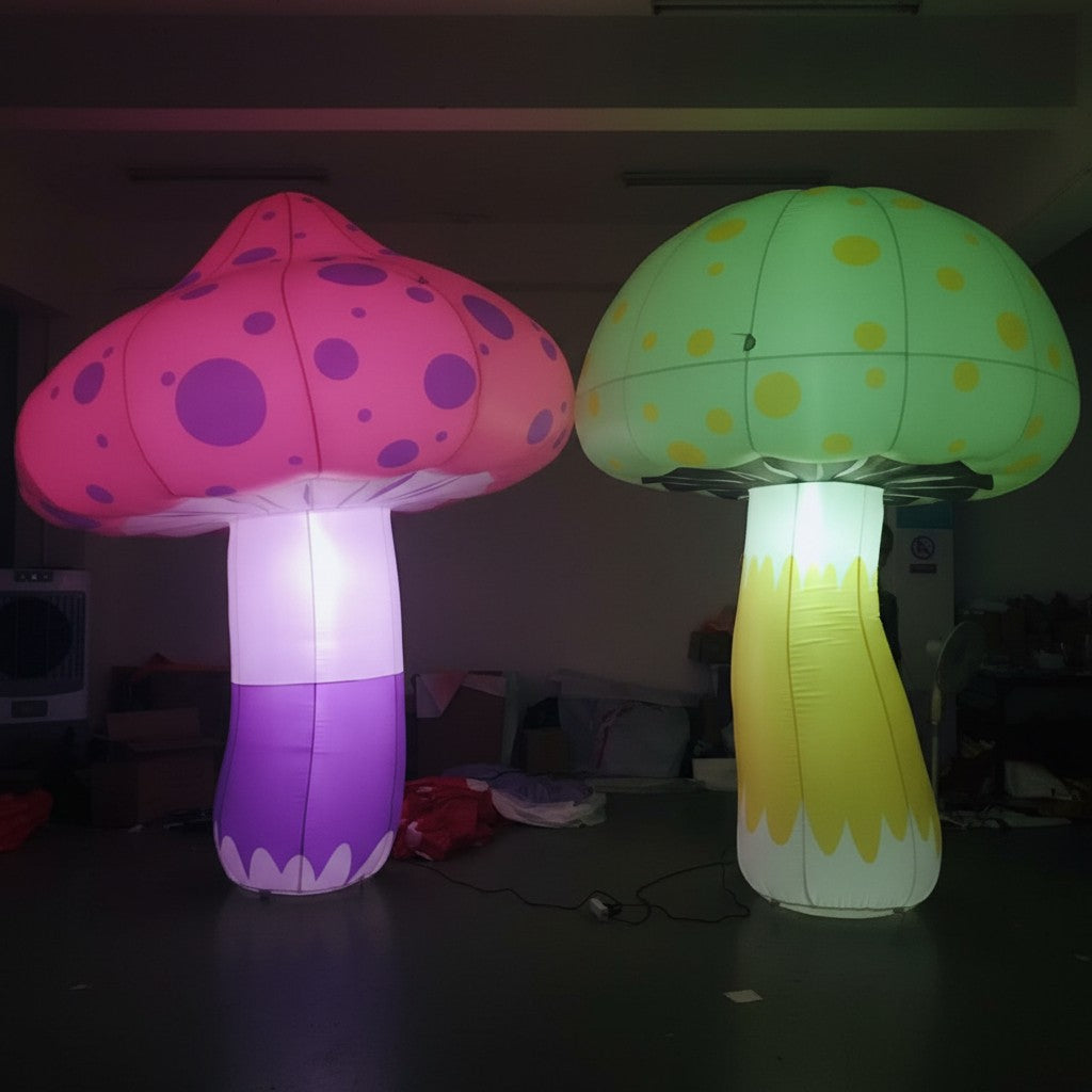 Trippy Creations pink and purple polka dot inflatable mushroom and a green and yellow polka dot inflatable mushroom.