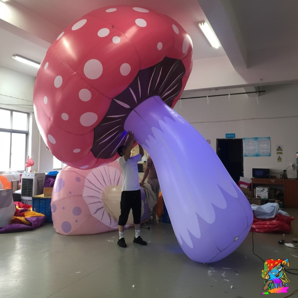 Trippy Creations large inflatable red and white mushroom with purple stem, ideal for parties and festivals.