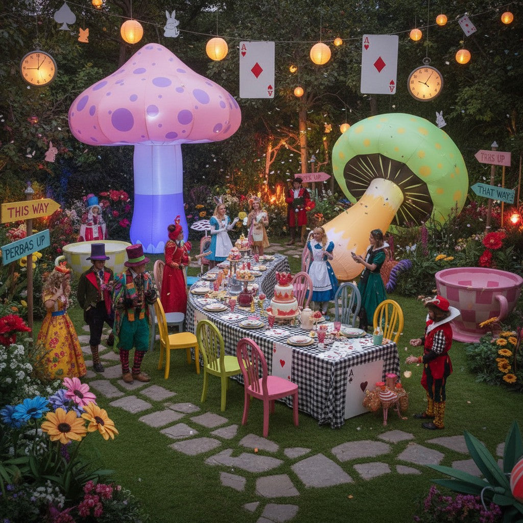 Trippy Creations inflatable mushrooms in pink, purple, green, and yellow with LED lights, perfect for whimsical events.