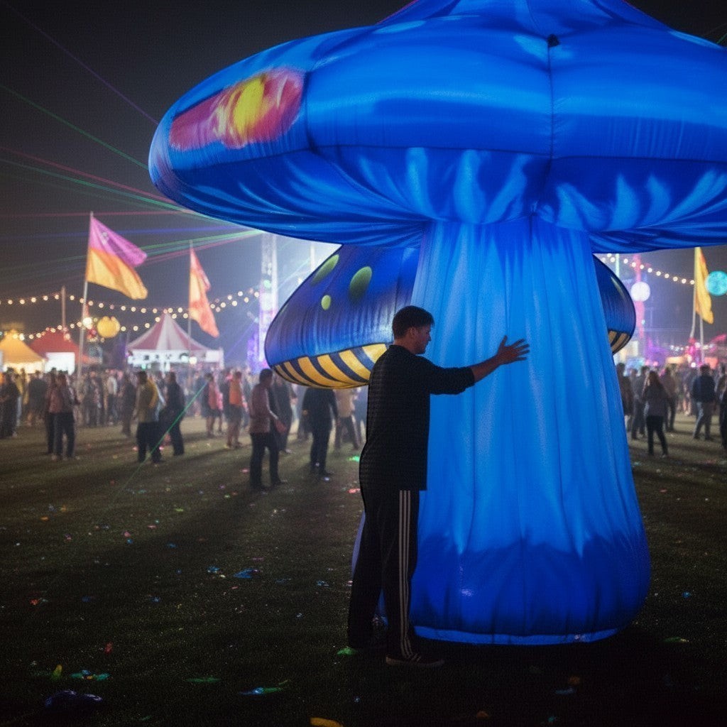 Trippy Creations giant blue inflatable mushroom props with yellow and pink accents, illuminated at night for an event.