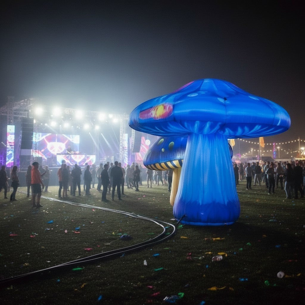 Trippy Creations giant blue inflatable mushroom prop with yellow and pink accents, illuminated at night for an outdoor event.