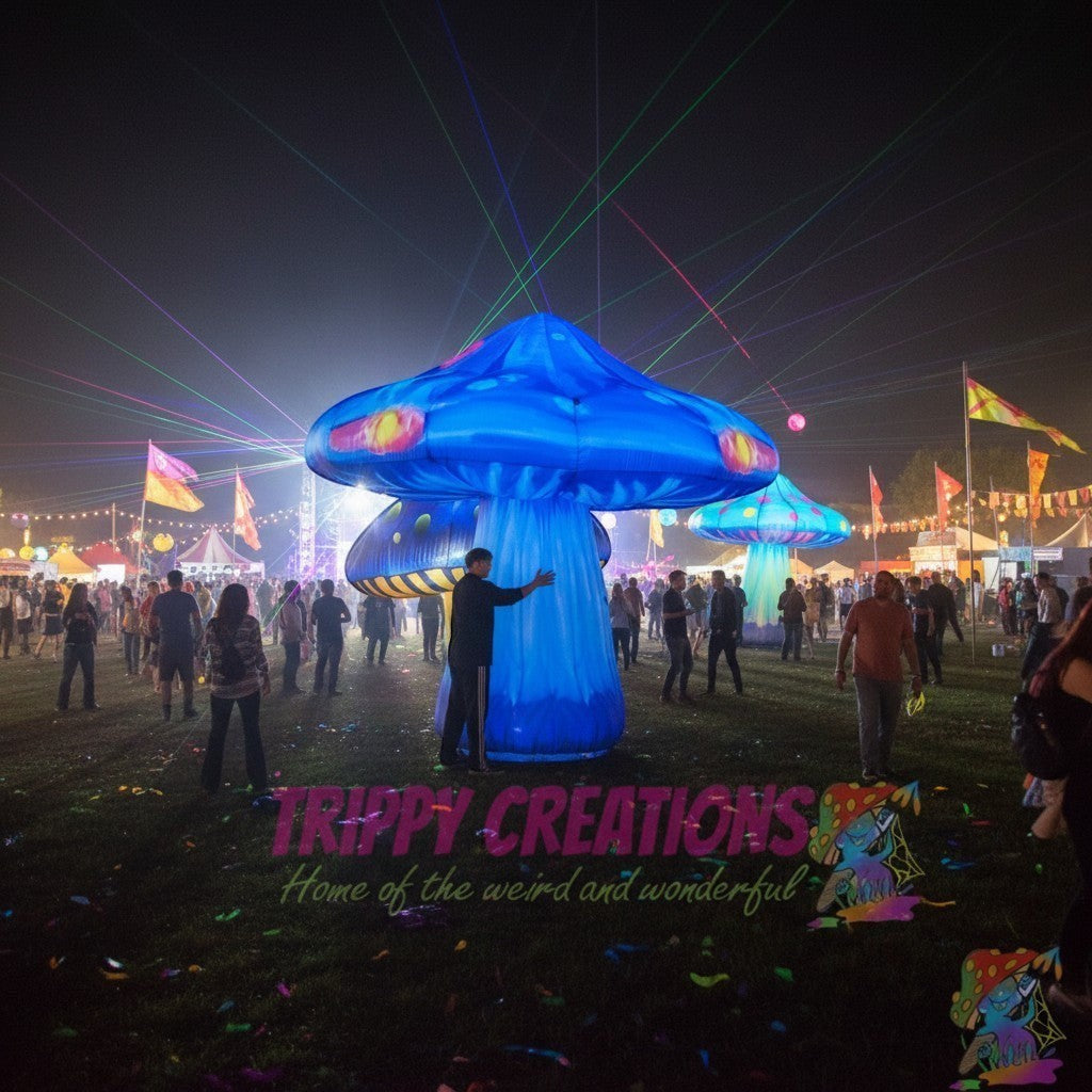 Trippy Creations giant blue inflatable mushroom prop with yellow and pink accents, 3m-3.5m tall, for psychedelic events.