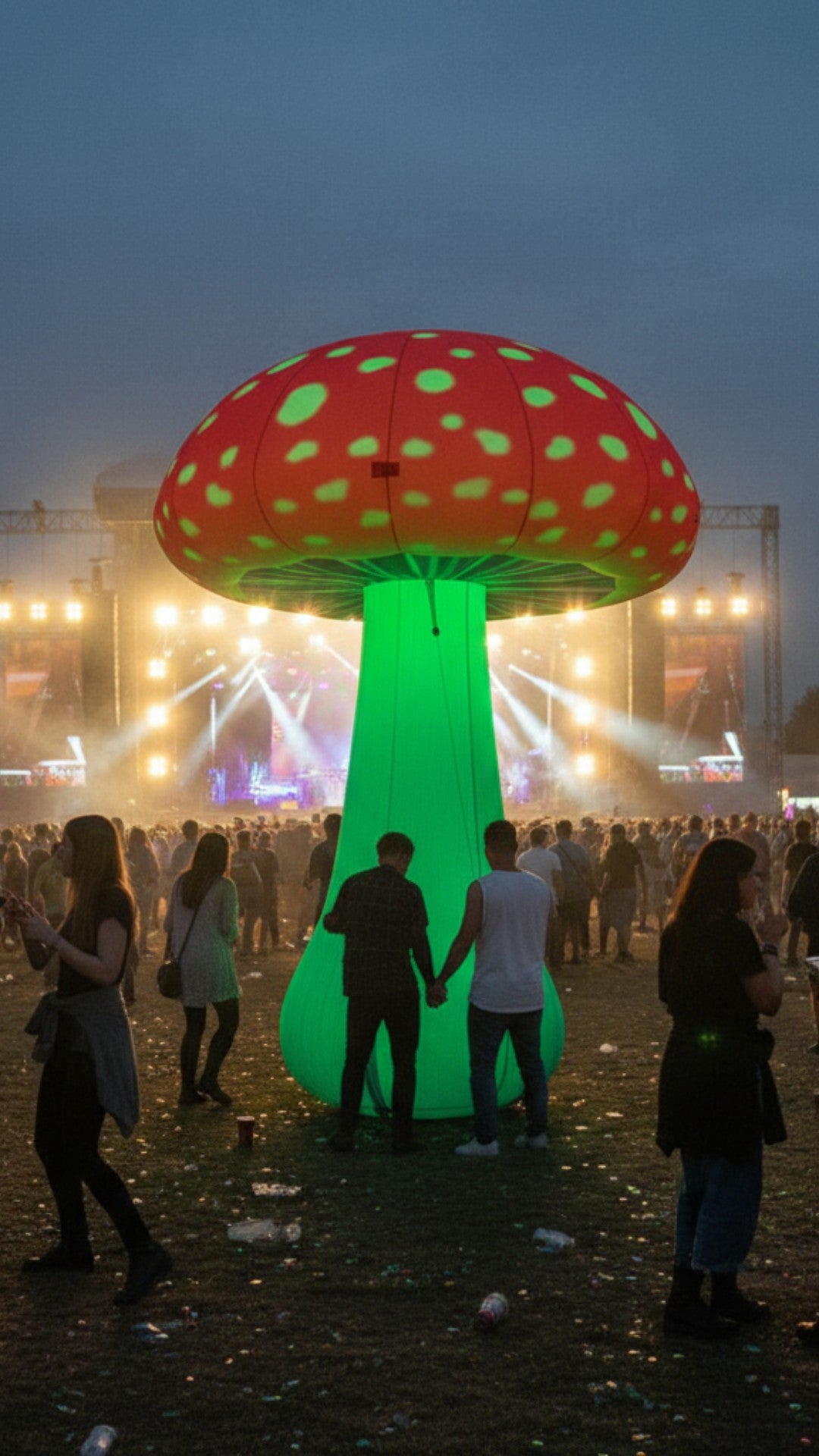 Trippy Creations 3m inflatable mushroom prop with red cap, white spots, and green LED lighting. Ideal for parties and festivals.