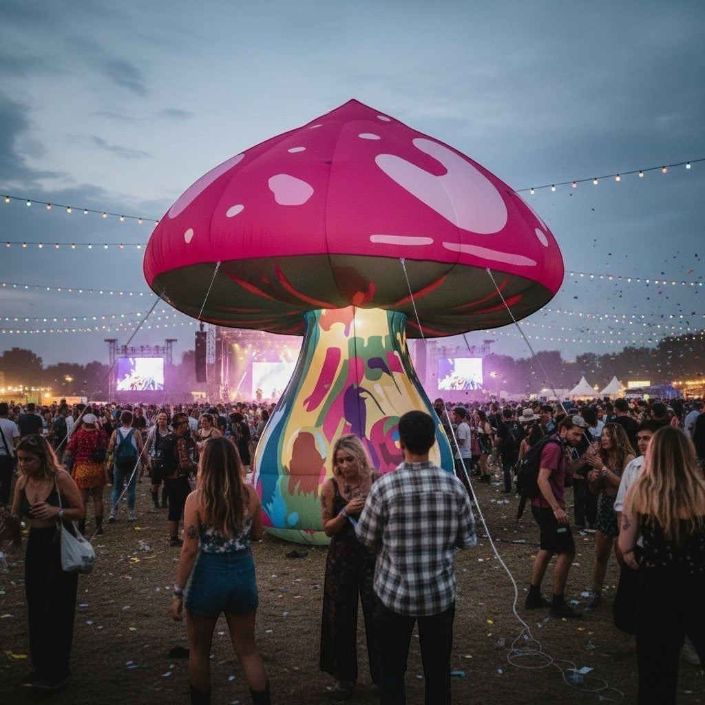 Trippy Creations giant pink inflatable mushroom prop with white spots and a colorful psychedelic stem, 3m-3.5m tall.
