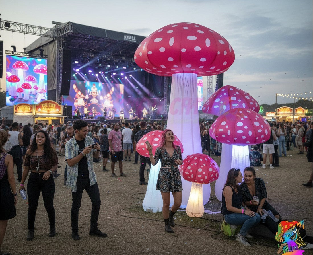 Trippy Creations set of 5 red and white inflatable mushrooms with LED lights, varying sizes for party decor.