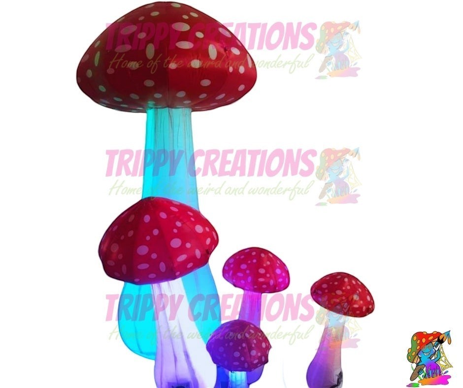 Trippy Creations set of 5 mini LED inflatable mushrooms, red and white toadstool style, for parties and festivals.