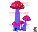 Trippy Creations set of 5 inflatable mushrooms, red with white spots, LED lit in purple and blue. Various sizes for party decor.