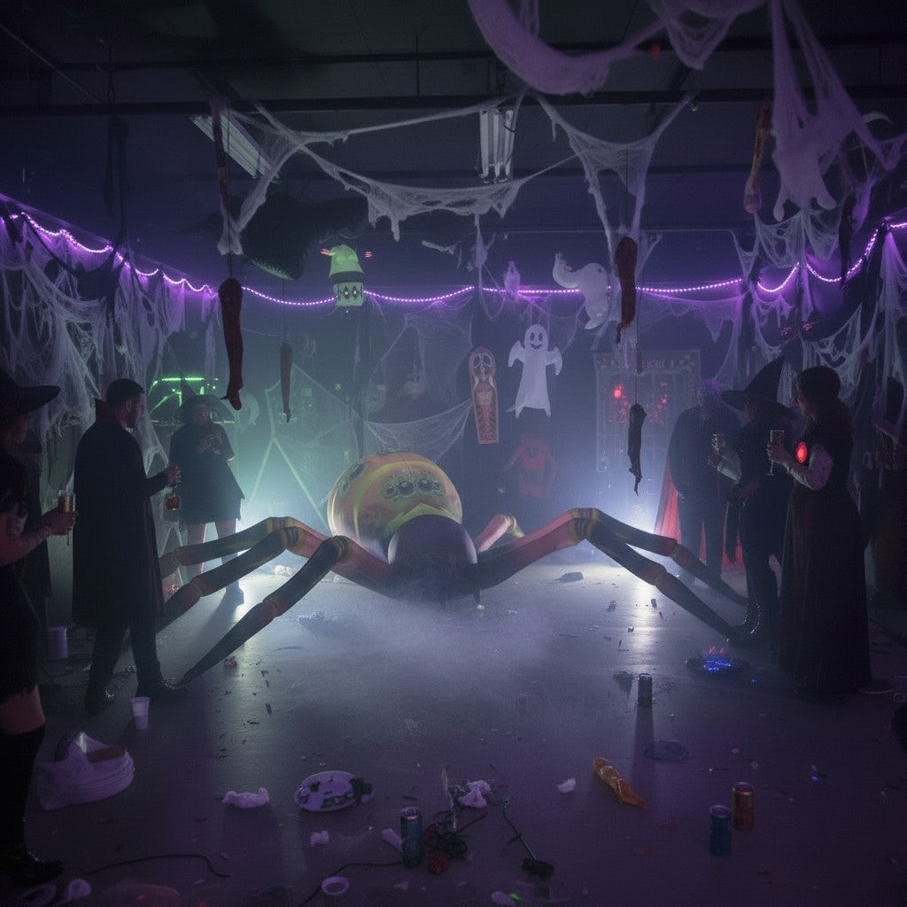 Trippy Creations giant inflatable spider decoration with yellow, orange, and black details, set up for a Halloween party.