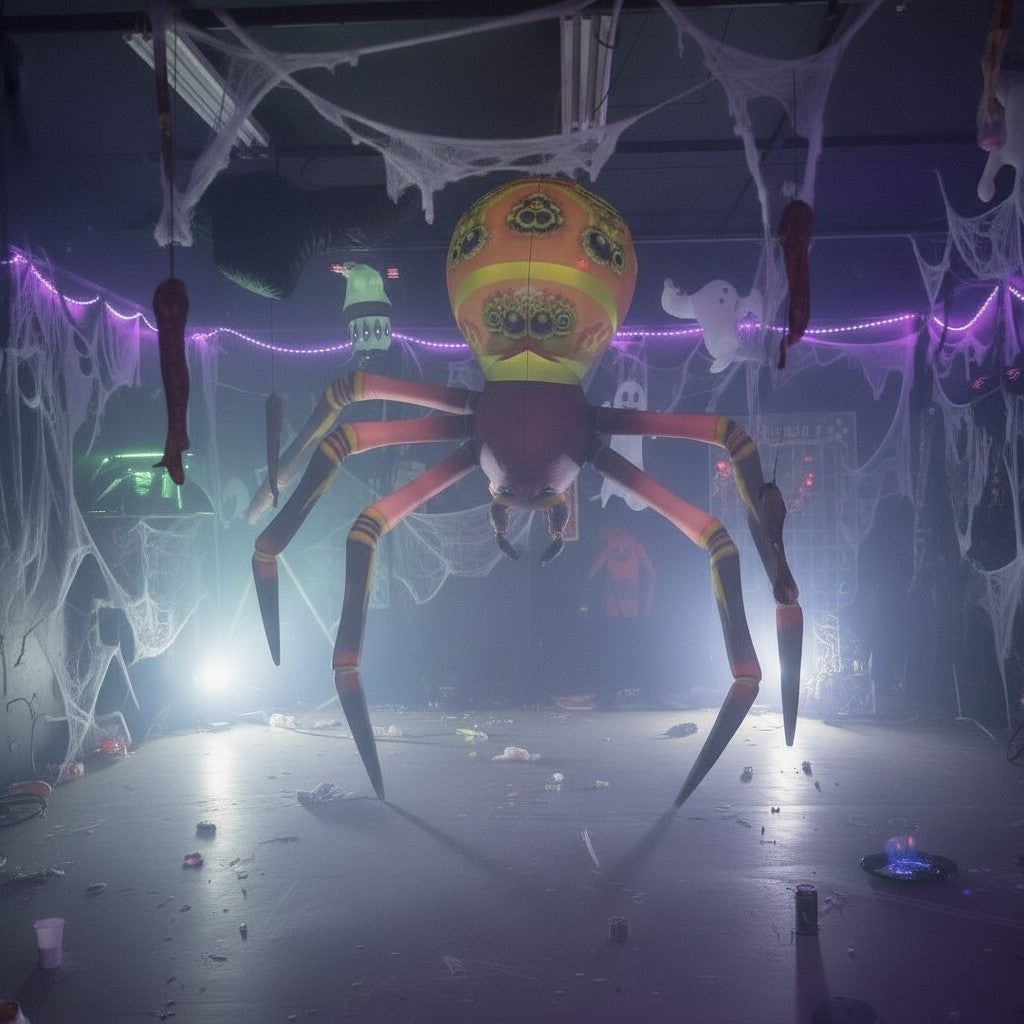 Trippy Creations giant inflatable spider decoration, orange and black with yellow accents, for Halloween events and parties.