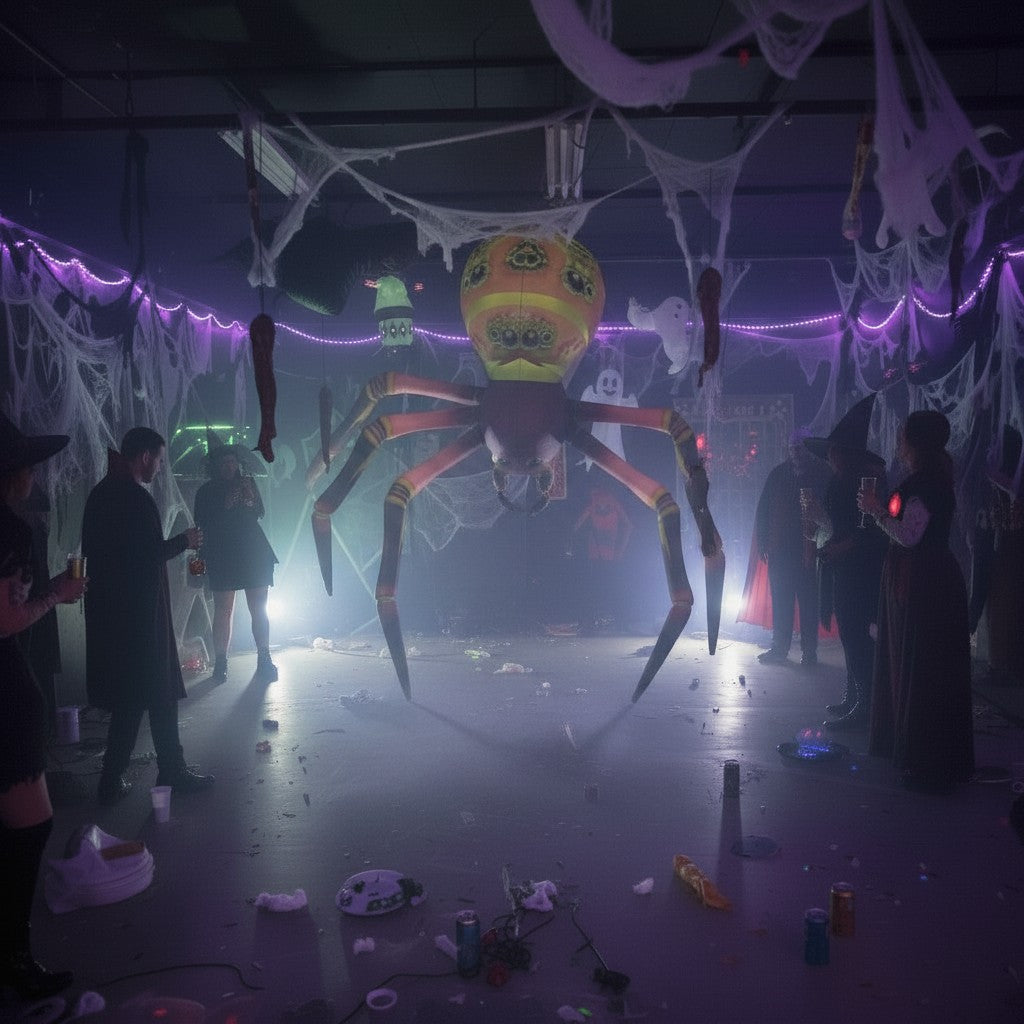 Trippy Creations giant inflatable spider decoration, yellow and black with long legs, for Halloween events.