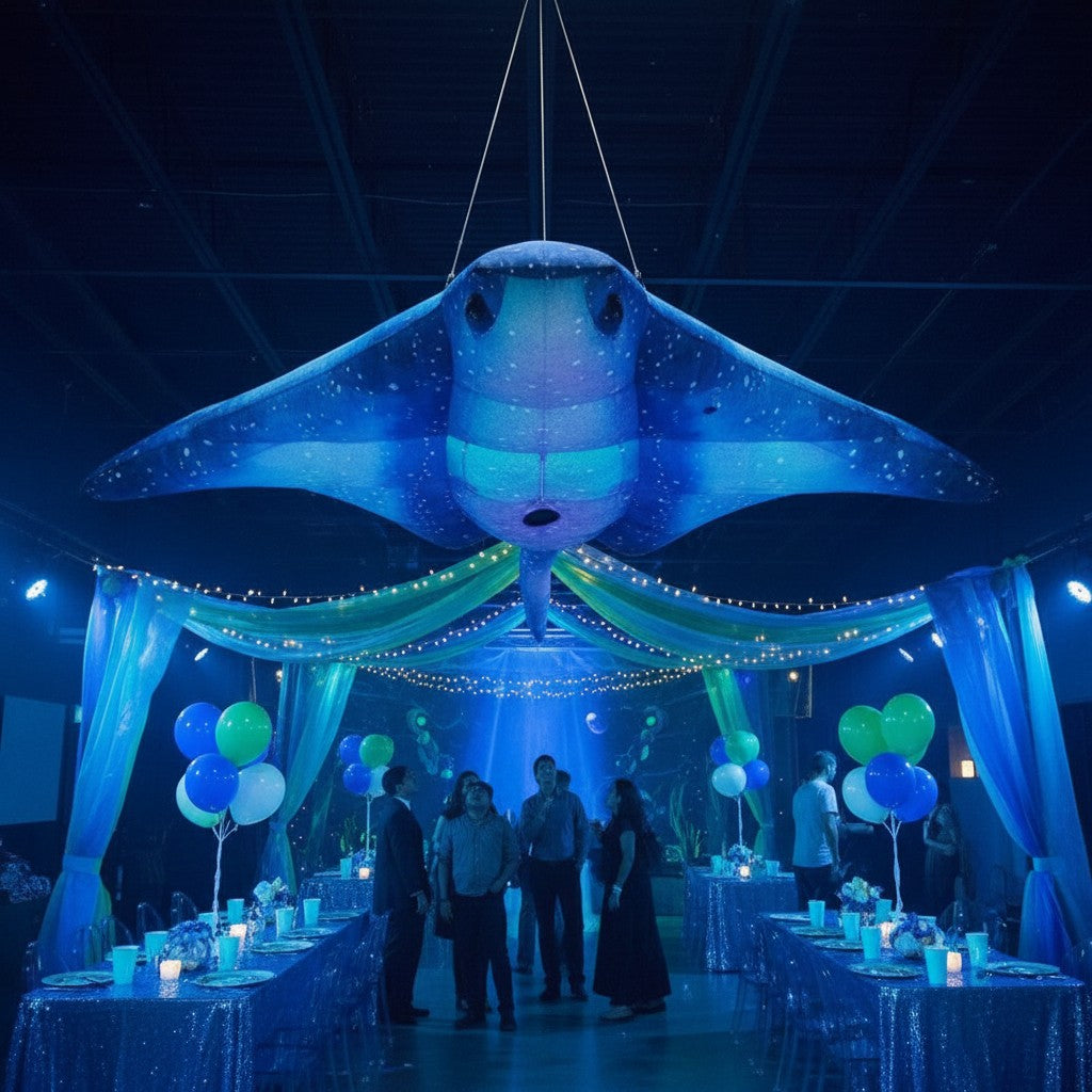 Trippy Creations 3m inflatable stingray decoration in blue and green with white speckles, designed for hanging at events.