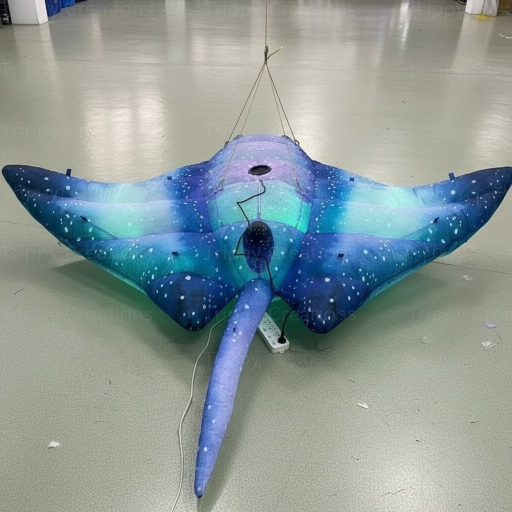 Trippy Creations 3m inflatable stingray decoration in blue and green with white speckles, designed for hanging at under the sea themed events.