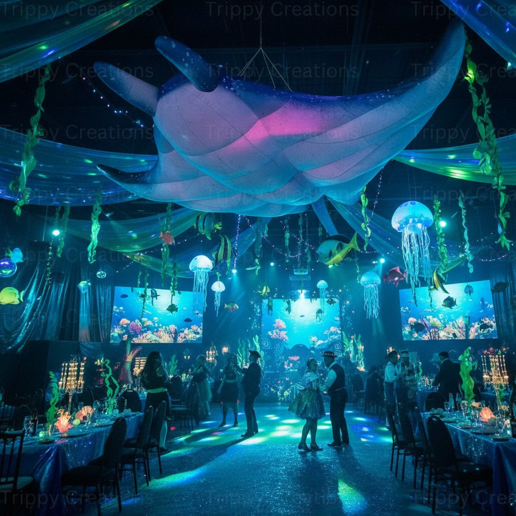 Trippy Creations 3m inflatable stingray decoration in blue and white with pink internal lighting, designed for hanging events.