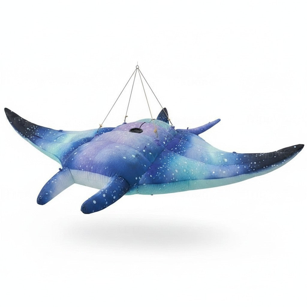 Trippy Creations 3m inflatable stingray decoration in blue and white with starry pattern, designed for hanging at events.