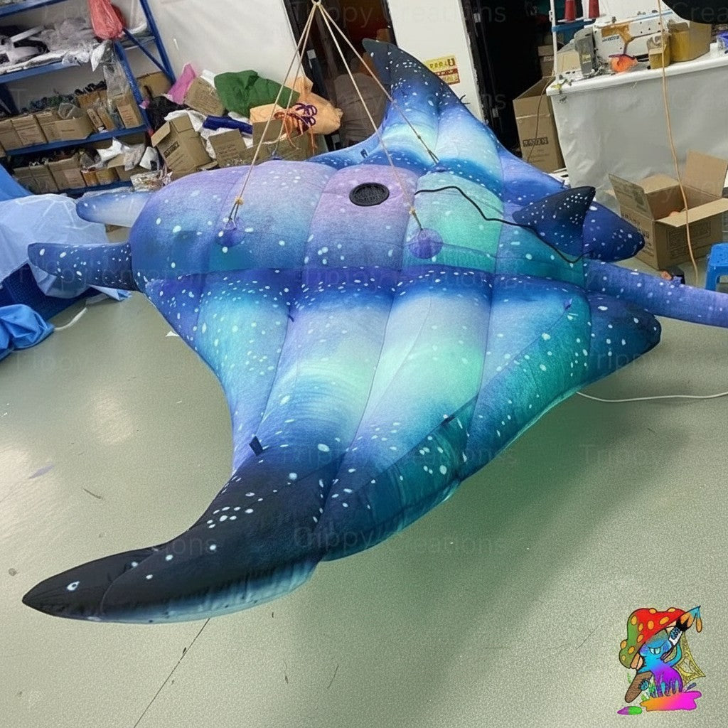 Trippy Creations 3m inflatable stingray decoration in blue and white with starry pattern, designed for hanging at events.