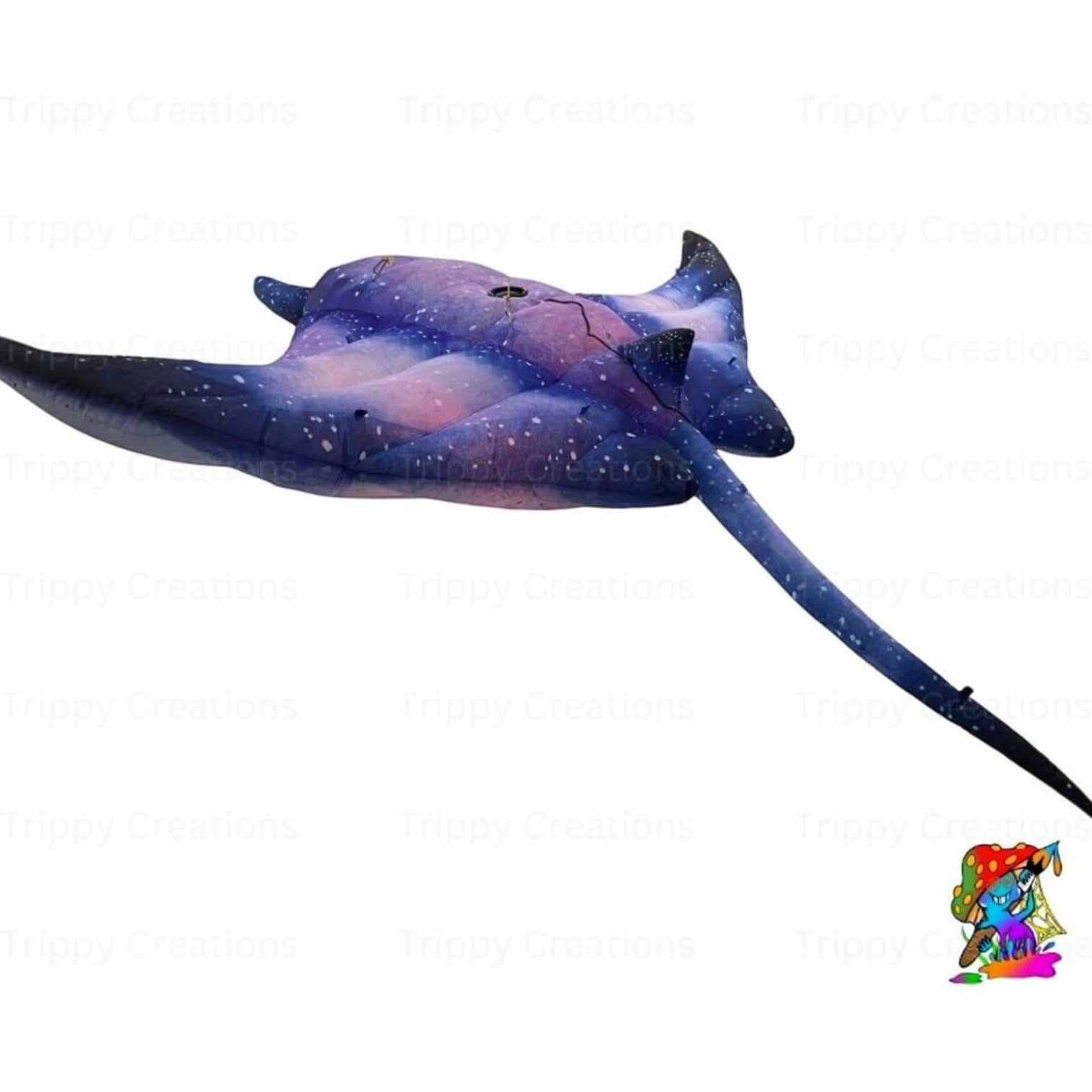 Trippy Creations 3m inflatable stingray decoration in blue and pink galaxy print, designed for hanging at events.